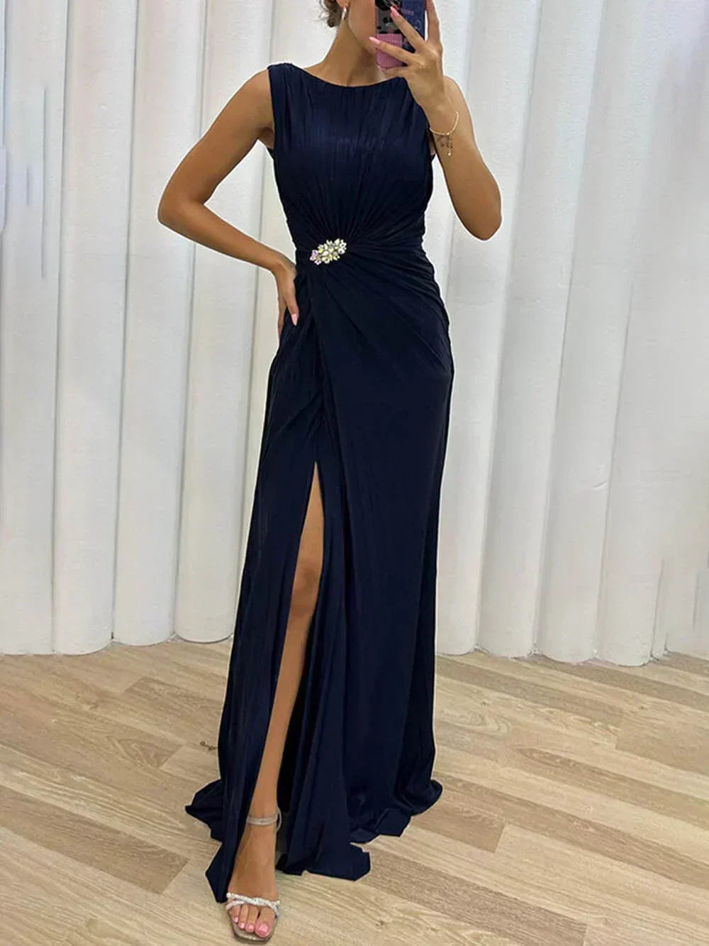 MODEGEIST Damen Plissee Maxikleid Abendkleid Elegant Bodenlang