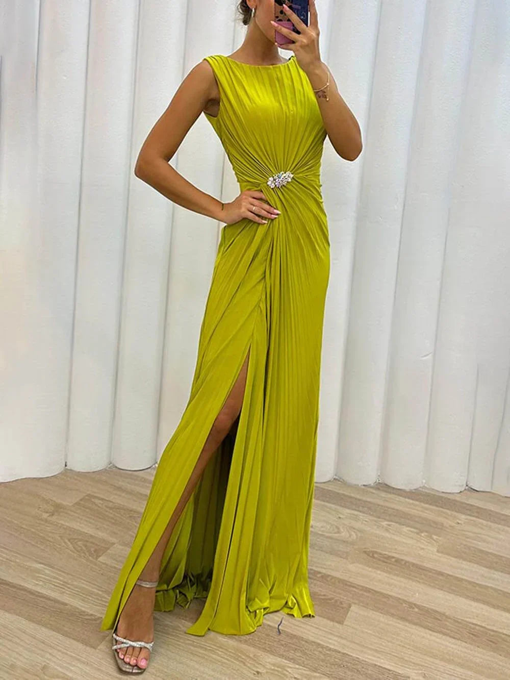 MODEGEIST Damen Plissee Maxikleid Abendkleid Elegant Bodenlang