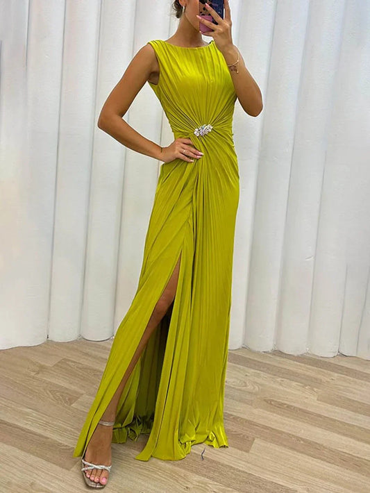 MODEGEIST Damen Plissee Maxikleid Abendkleid Elegant Bodenlang