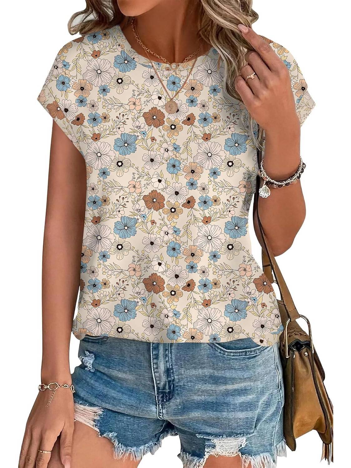 MODEGEIST Damen Casual-Top Blätterdruck Rundhalsausschnitt Kurzarm
