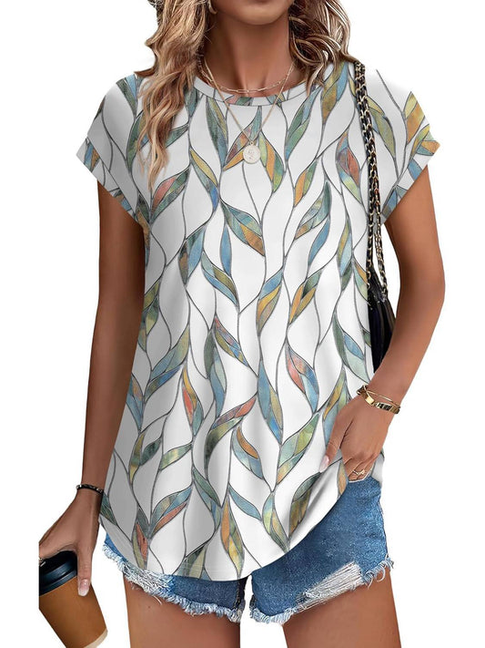 MODEGEIST Damen Casual Top Blätterdruck Rundhalsausschnitt