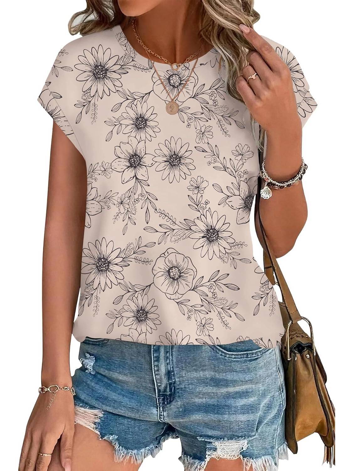 MODEGEIST Damen Casual-Top Blätterdruck Rundhalsausschnitt Kurzarm