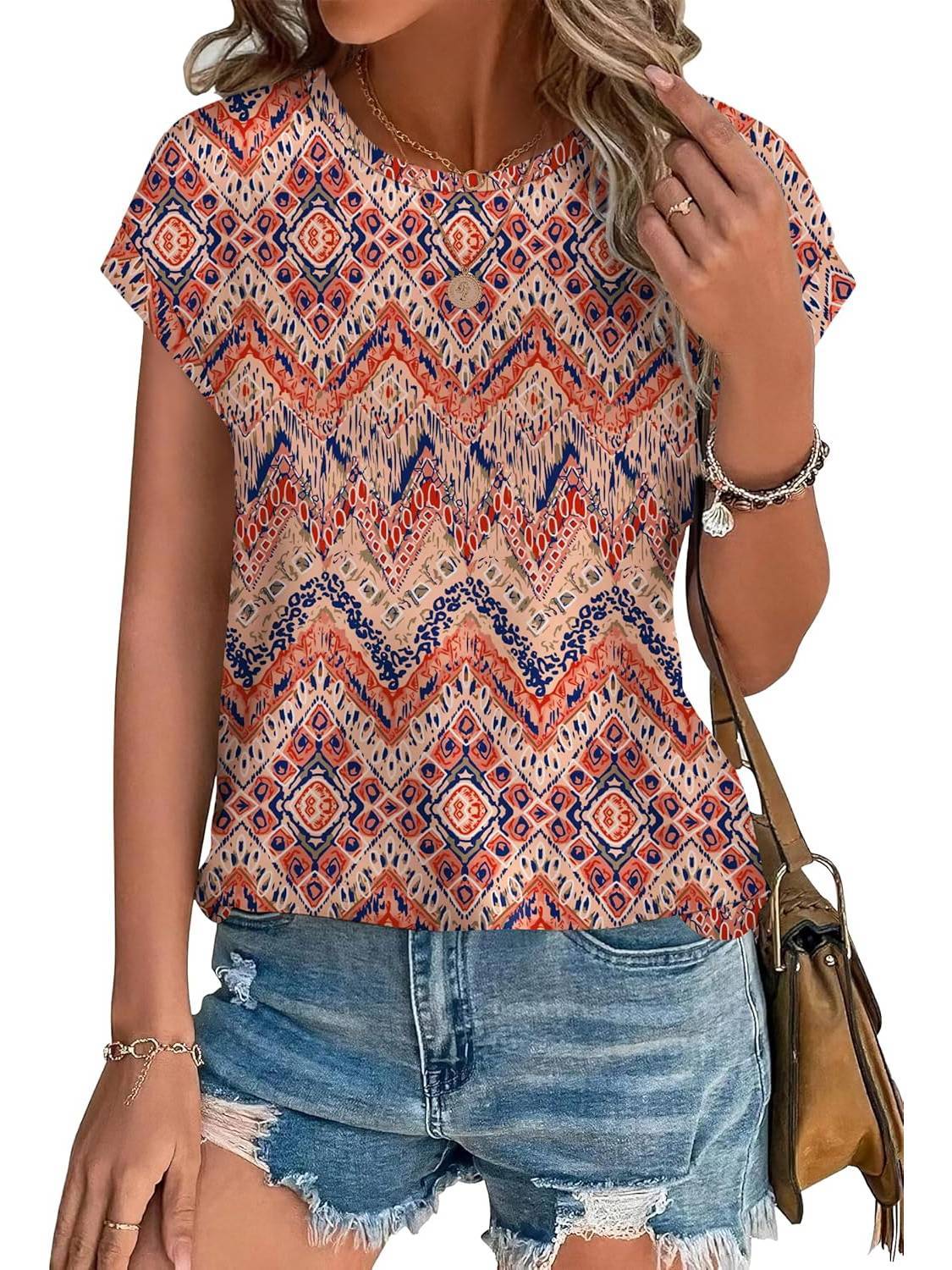 MODEGEIST Damen Casual-Top Blätterdruck Rundhalsausschnitt Kurzarm