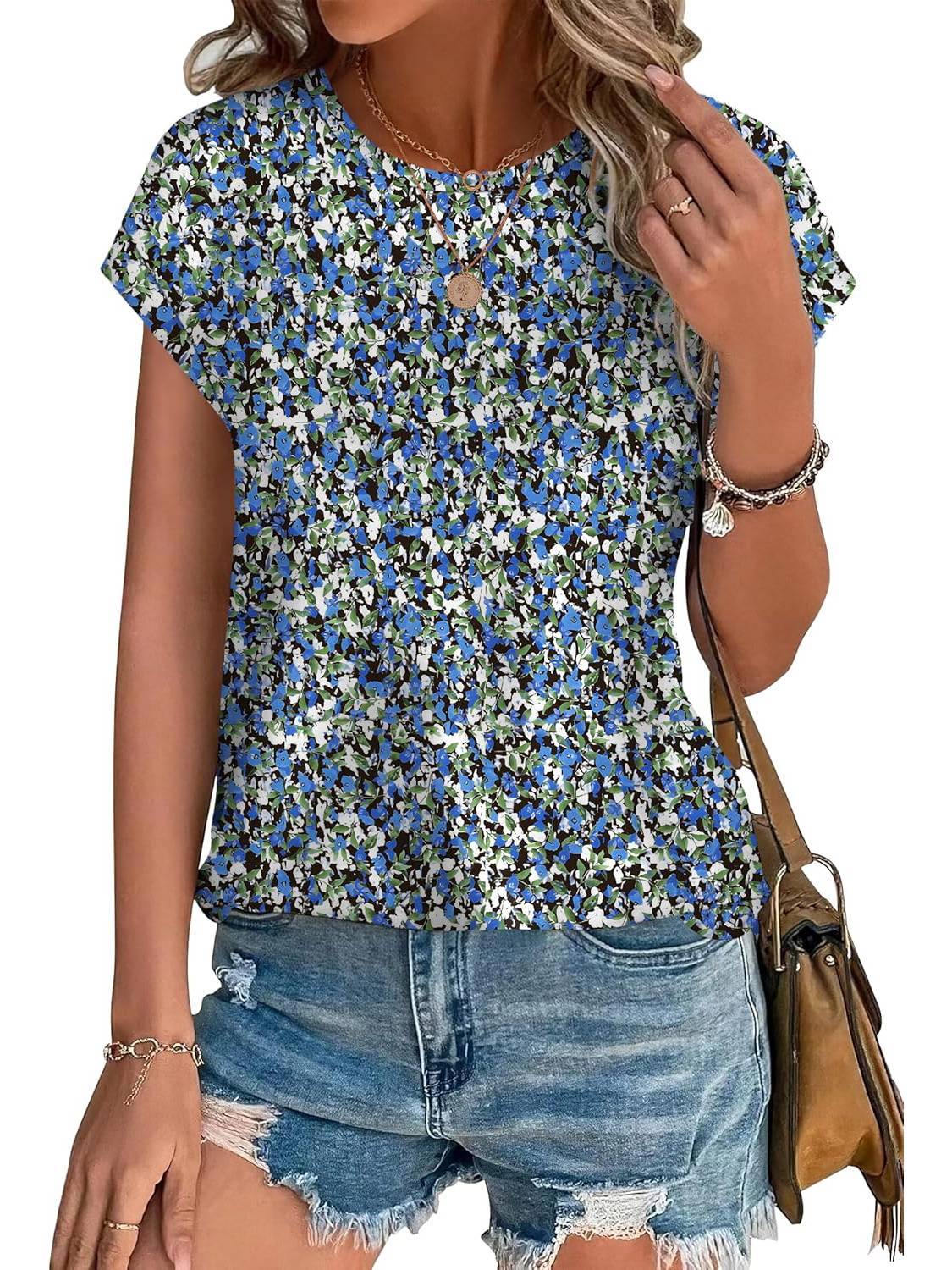 MODEGEIST Damen Casual-Top Blätterdruck Rundhalsausschnitt Kurzarm