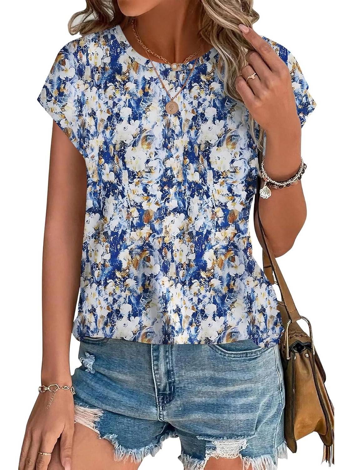 MODEGEIST Damen Casual-Top Blätterdruck Rundhalsausschnitt Kurzarm