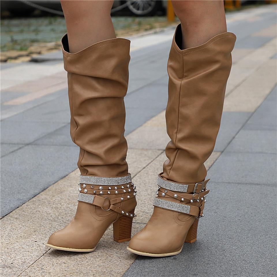 MODEGEIST Damen Kniehohe Slouchy-Stiefel Blockabsatz Weiches Design