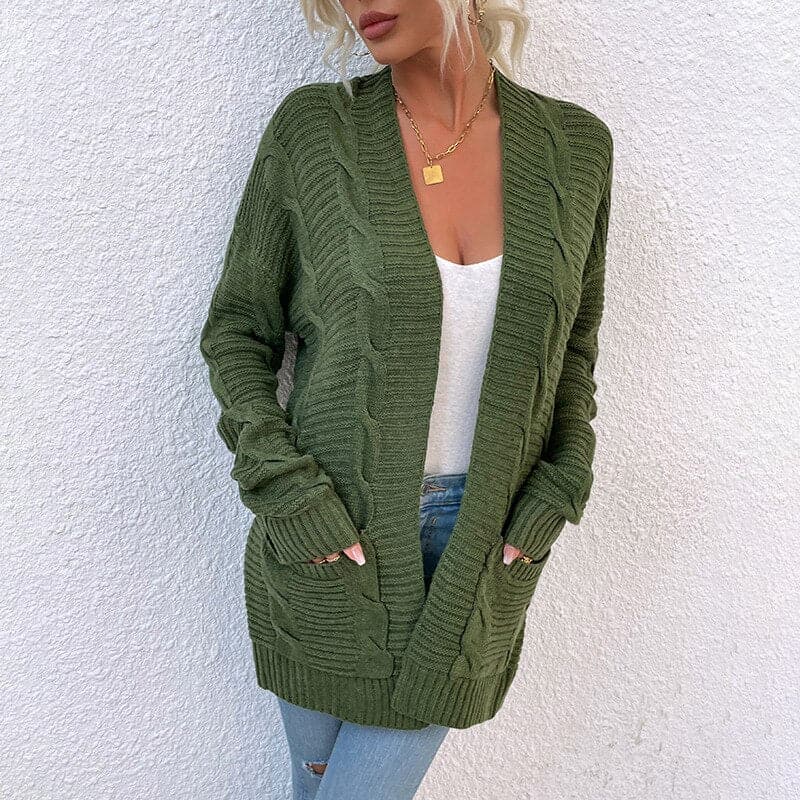 ModeGeist | Cardigan - Strick Kabelstrick - Offene Front - Lange Ärmel mit Taschen