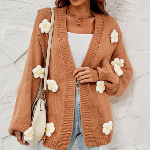 ModeGeist | Blumengemusterter Strickcardigan Polyester Braun, Blumendetails, Komfortabel