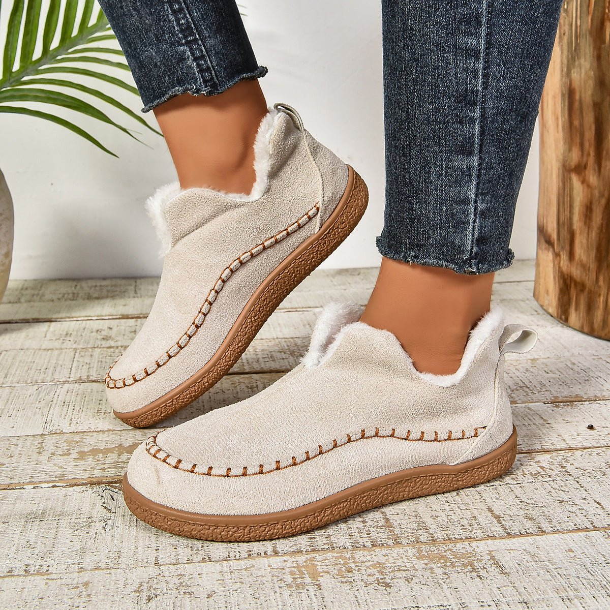 MODEGEIST Damen Ankle Boots Slip-On Fellbesatz Dicke Sohle