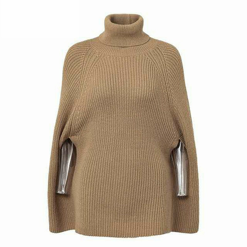 Damen modischer Strickpullover mit hochstehendem Kragen und exklusivem Häkelmuster ModeGeist