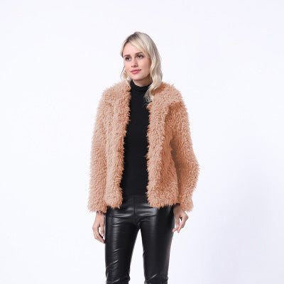 Damen Modischer Kunstpelzjacke mit elegantem Kragen und seitlichen Taschen ModeGeist