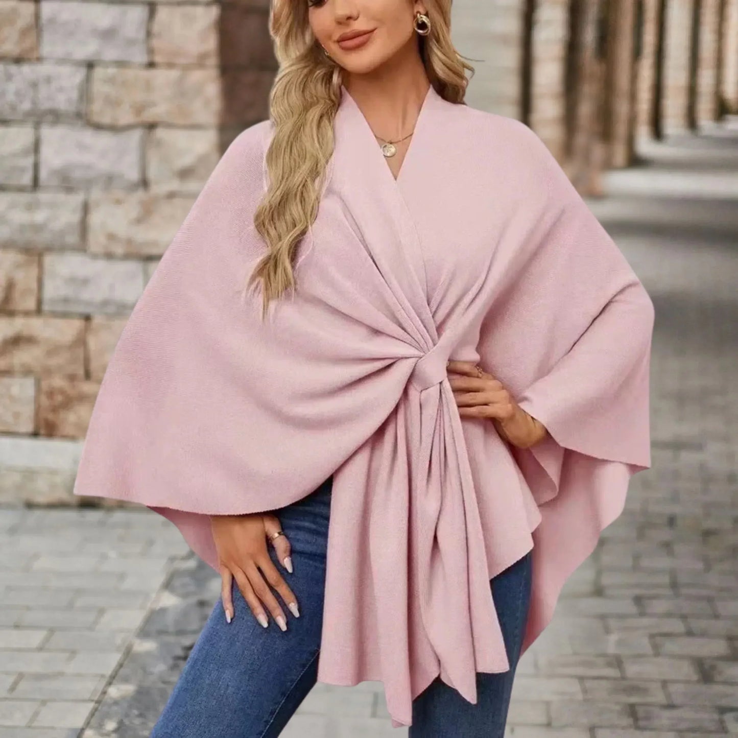 MODEGEIST Damen Poncho Leicht Draped Knoten-Design Oversized
