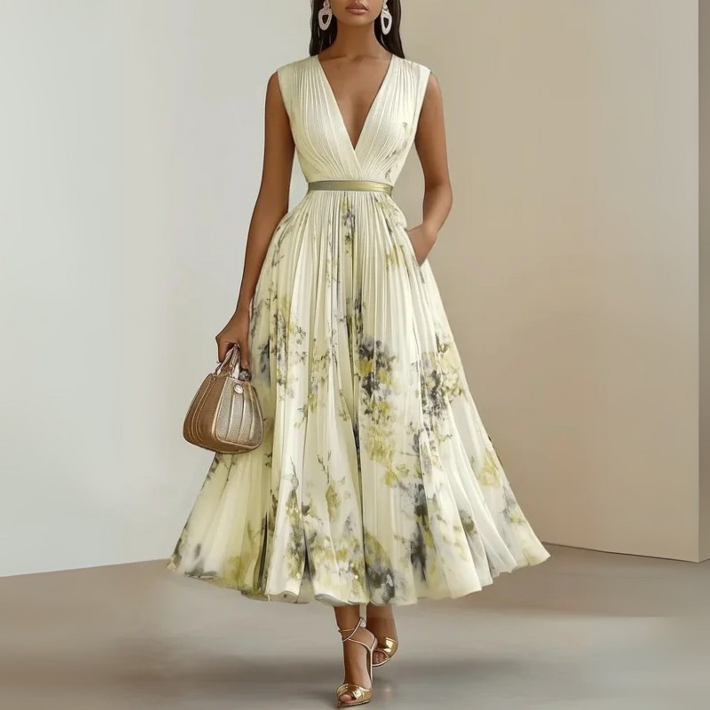 MODEGEIST Damen Maxi-Kleid Ärmellos V-Ausschnitt Leichter Stoff Fließend