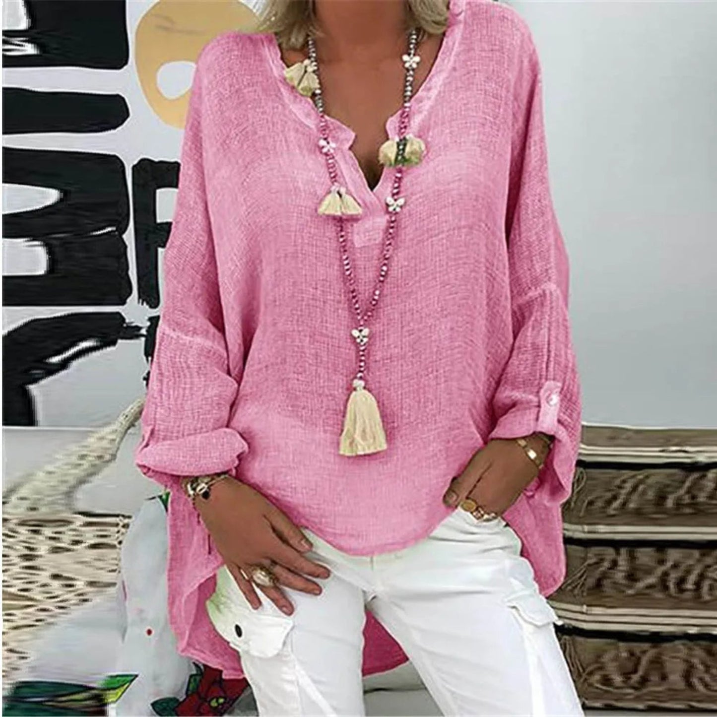 Rosa Bluse von Fudus mit elegantem Rundhalsausschnitt