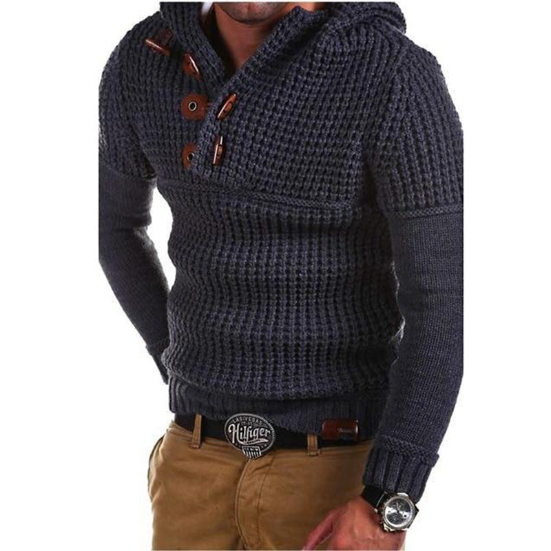 Herren Strickpullover mit Kapuze und modernen Holzknöpfen ModeGeist