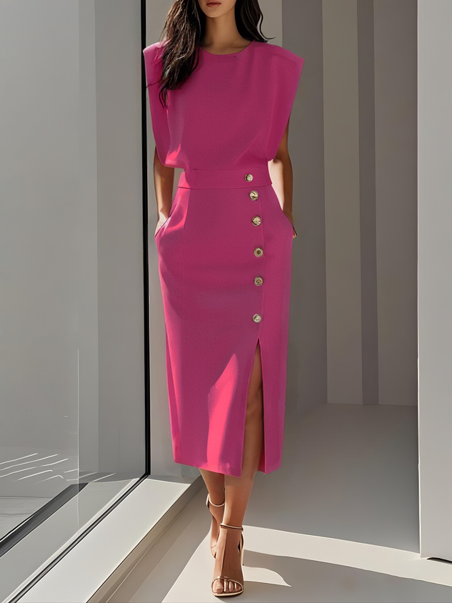 MODEGEIST Damen Midi-Kleid Entspannter Schnitt Knopfdetail Vielseitig