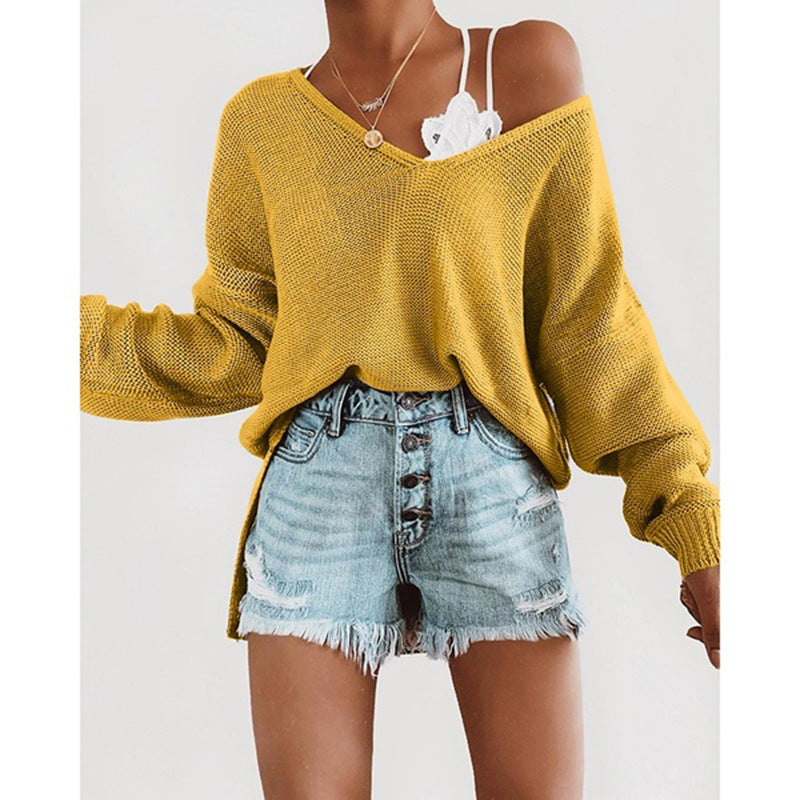Damen lässiger Pullover mit tiefem V-Ausschnitt und überschnittenen Ärmeln ModeGeist