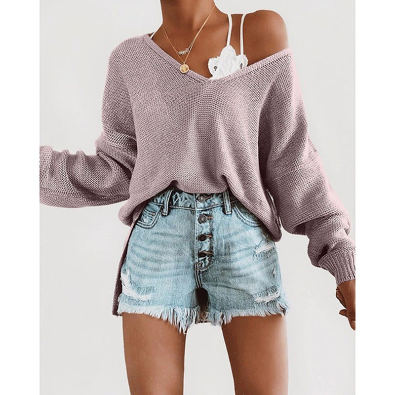 Damen lässiger Pullover mit tiefem V-Ausschnitt und überschnittenen Ärmeln ModeGeist