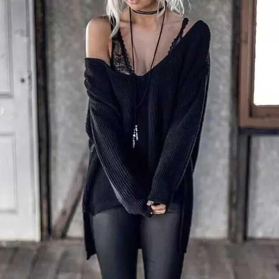 Damen Grobstrickpullover mit tiefem V-Ausschnitt und weiten Ärmeln ModeGeist