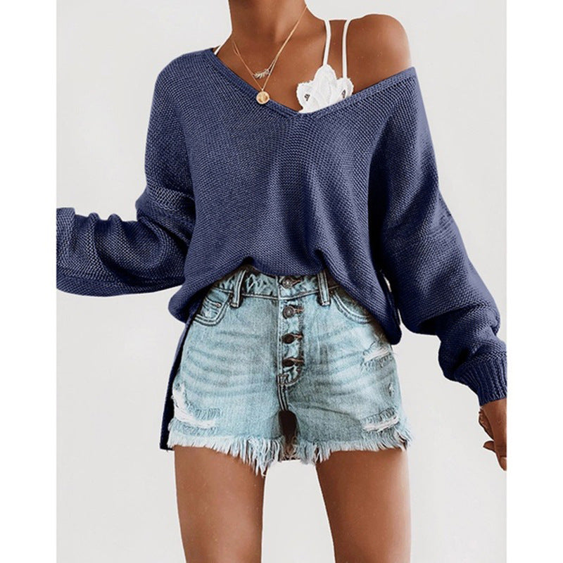 Damen lässiger Pullover mit tiefem V-Ausschnitt und überschnittenen Ärmeln ModeGeist