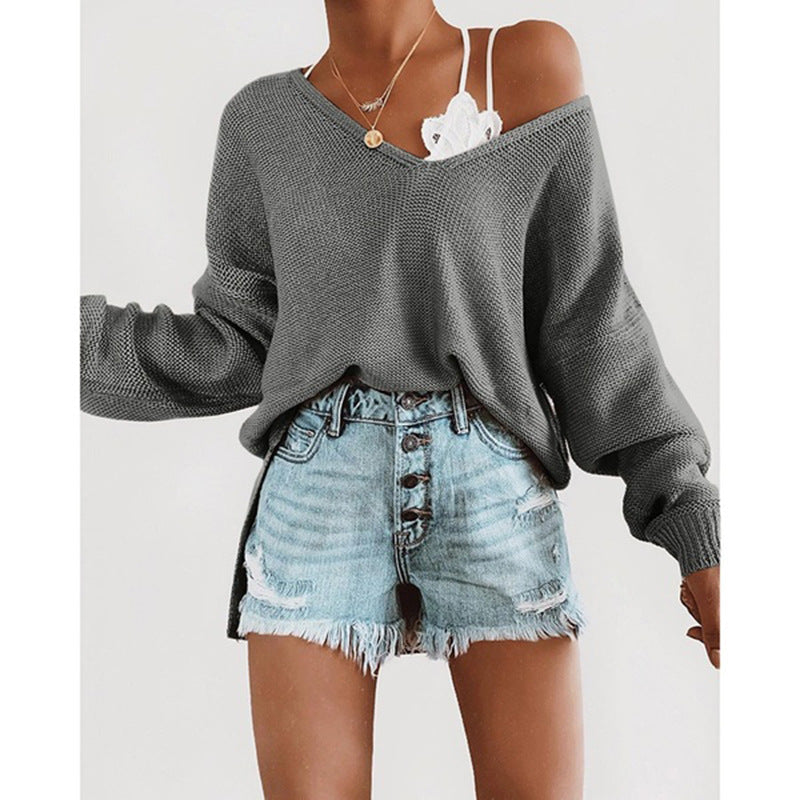 Damen lässiger Pullover mit tiefem V-Ausschnitt und überschnittenen Ärmeln ModeGeist
