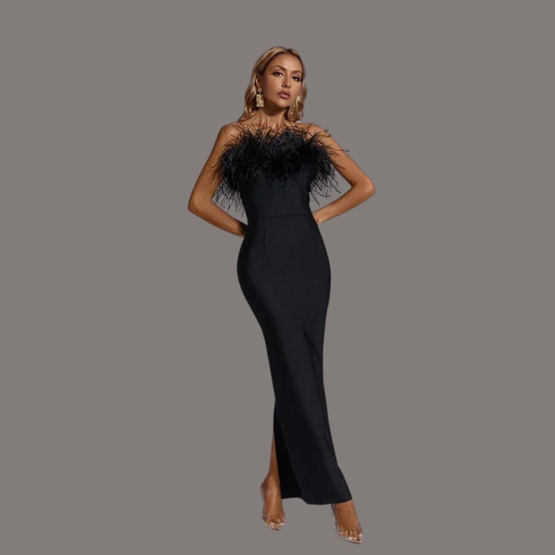 Federbesetztes schwarzes Partykleid Celestine