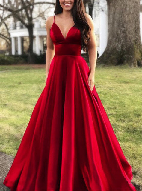 Damen A-Linien Abendkleid mit tiefem Ausschnitt und schmalen Trägern ModeGeist