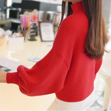 Damen Pullover mit voluminösen Ärmelabschlüssen und hohem Kragen ModeGeist