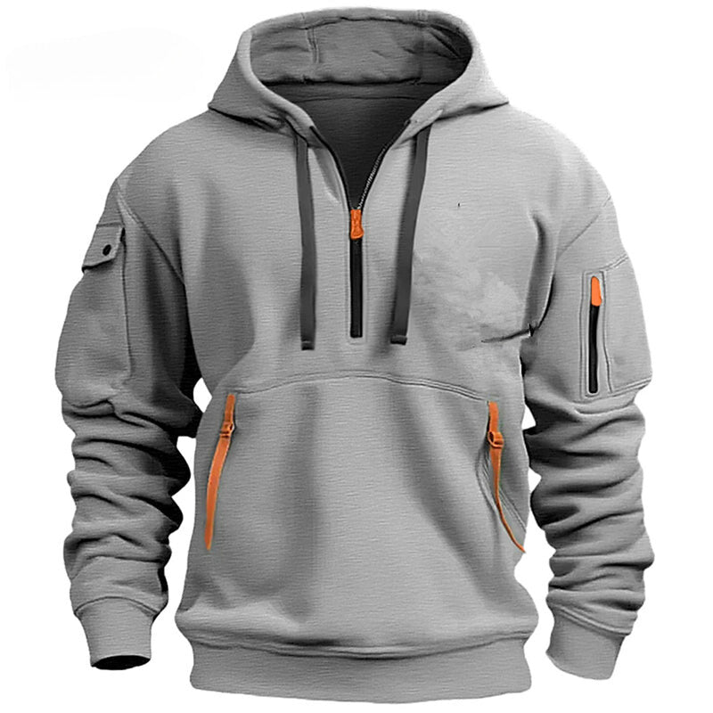 Fudus Kapuzenpullover mit langem Arm, Halb-Reißverschluss und Taschen