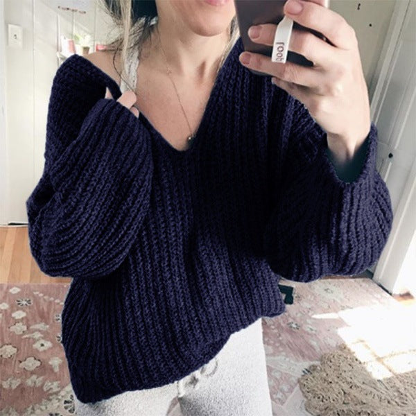 Damen Grobstrickpullover mit lässigem V-Ausschnitt und weiten Ärmeln ModeGeist
