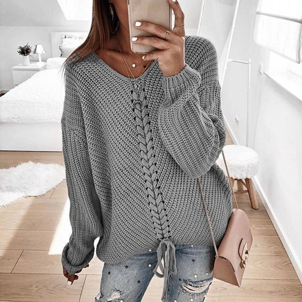 Damen Grobstrickpullover mit romantischen Schnürdetails und lässigem Schnitt ModeGeist