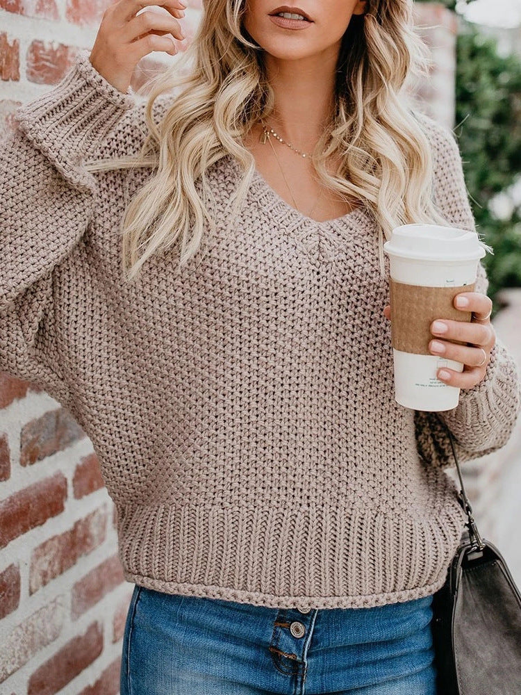 Damen Grobstrickpullover mit V-Ausschnitt und lässiger Passform ModeGeist