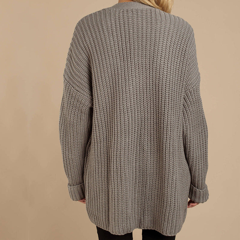 Damen Grob gestrickte Kuscheljacke mit tiefem V-Ausschnitt und lässigem Schnitt ModeGeist
