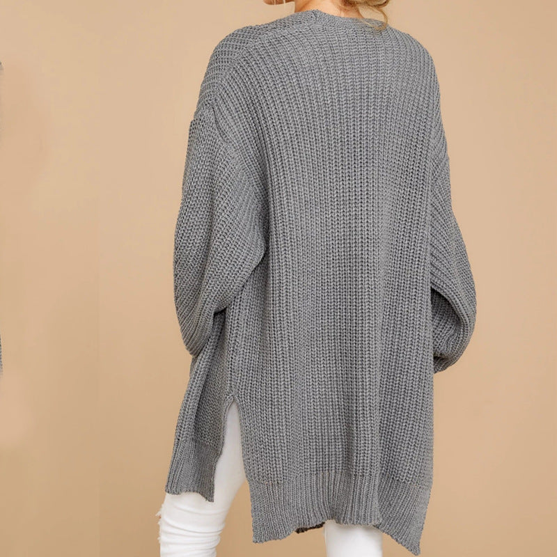 Damen Grobstrick Pullover mit weitem Schnitt und seitlichen Schlitzen ModeGeist