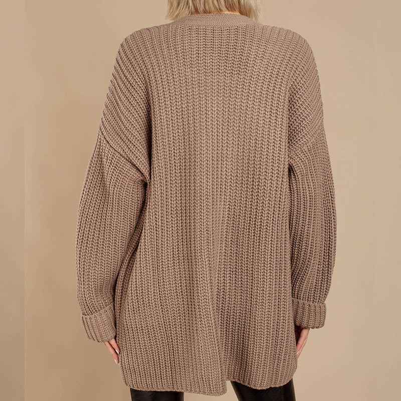 Damen Grob gestrickte Kuscheljacke mit tiefem V-Ausschnitt und lässigem Schnitt ModeGeist