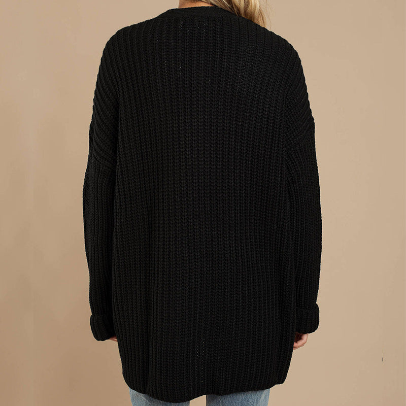 Damen Grob gestrickte Kuscheljacke mit tiefem V-Ausschnitt und lässigem Schnitt ModeGeist