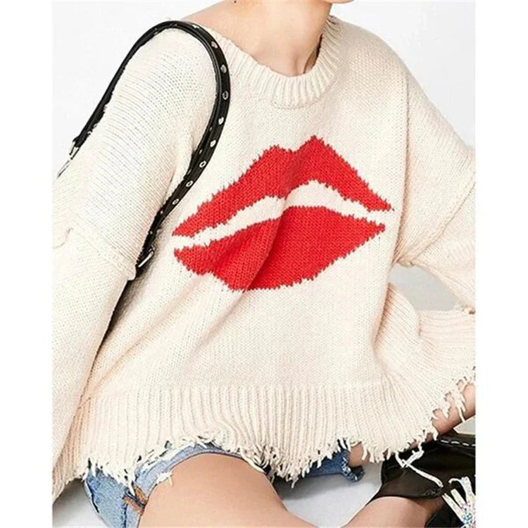 ModeGeist | Grobstrick Übergröße Fit Lippenmotiv Fransenbetrag