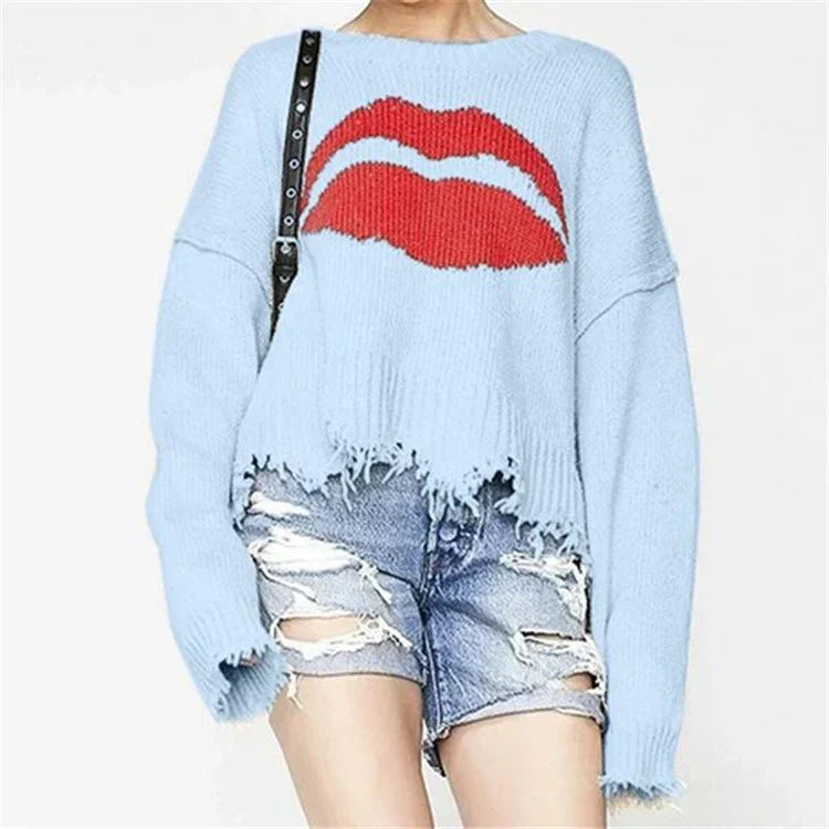 ModeGeist | Grobstrick Übergröße Fit Lippenmotiv Fransenbetrag