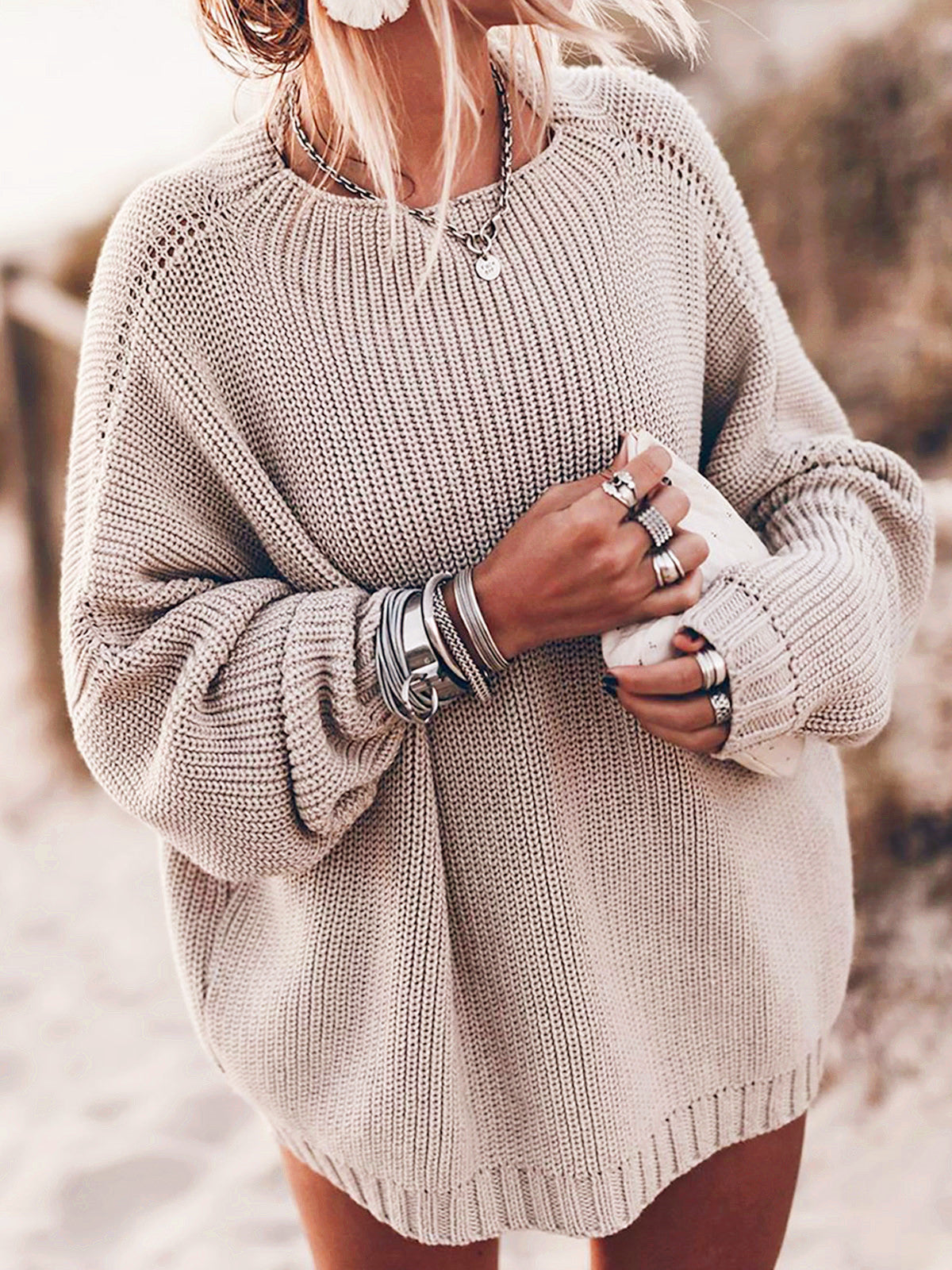 Damen Oversized Strickpullover mit luftigen Maschen und Seitenschlitzen ModeGeist