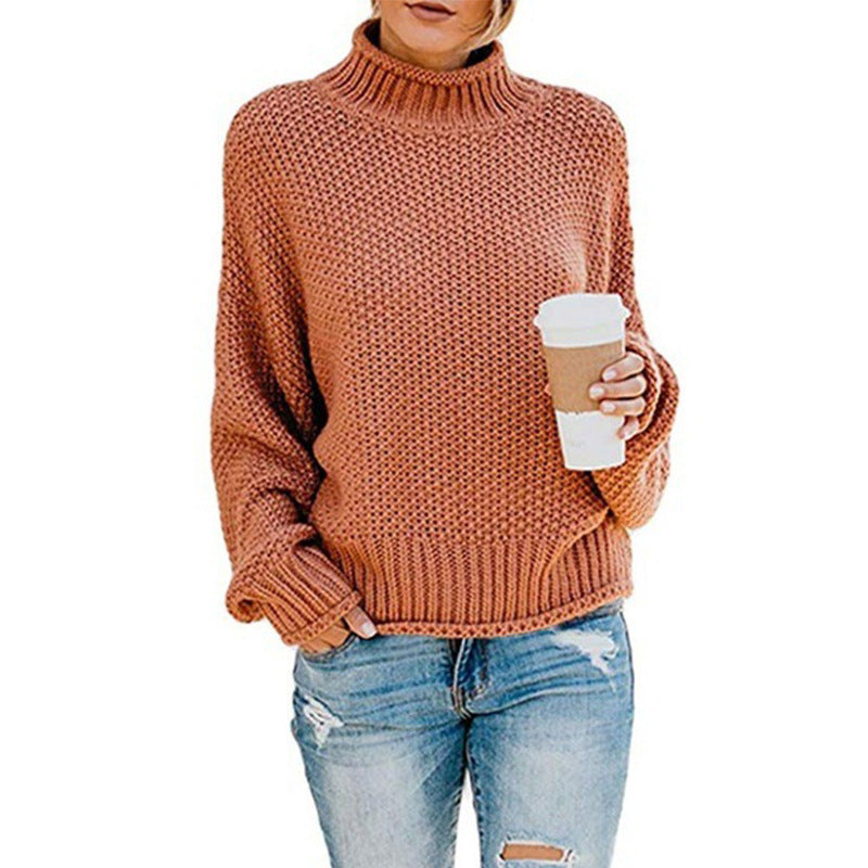 Damen Grobstrickpullover mit hohen Kragen und lockerem Design ModeGeist
