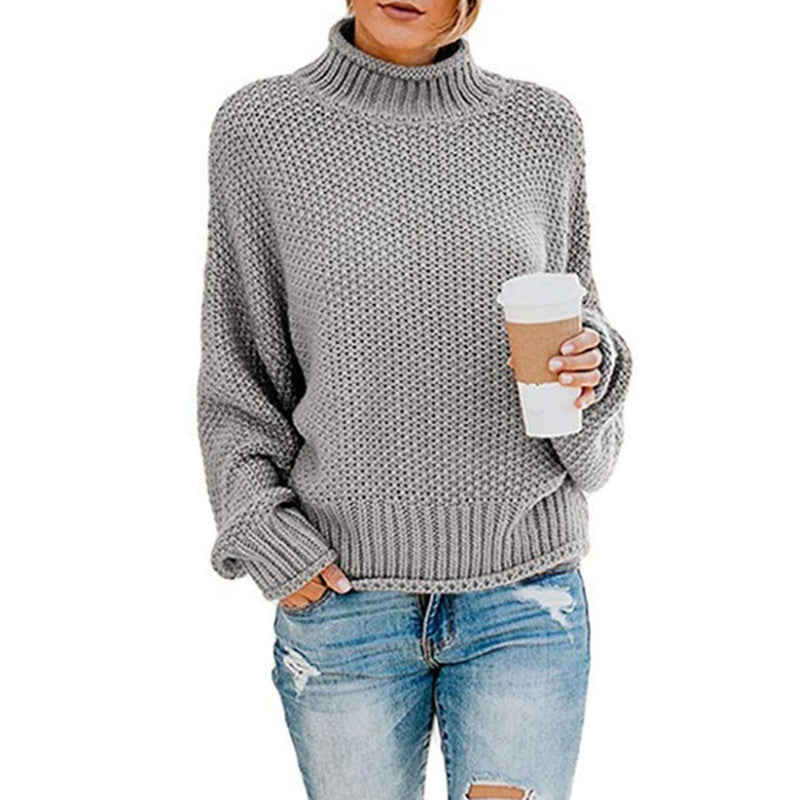Damen Grobstrickpullover mit hohen Kragen und lockerem Design ModeGeist