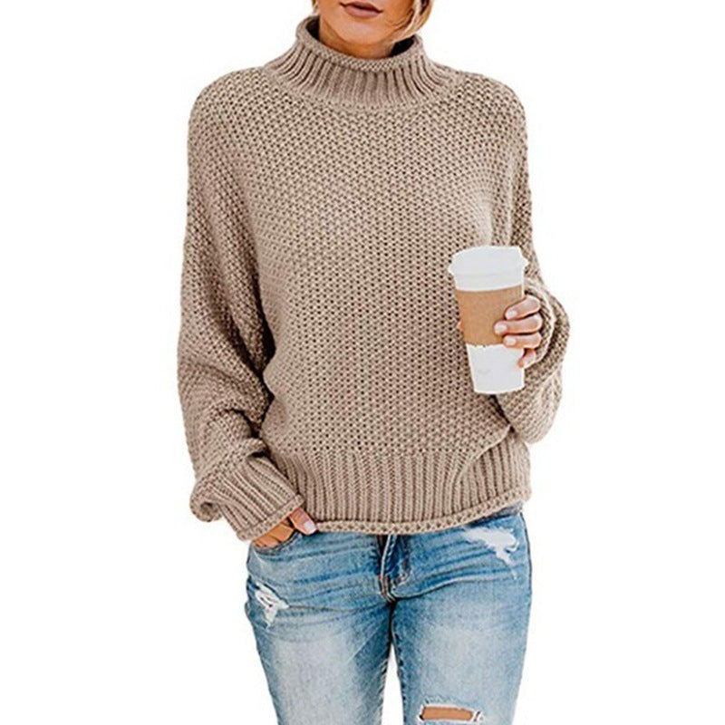 Damen Grobstrickpullover mit hohen Kragen und lockerem Design ModeGeist