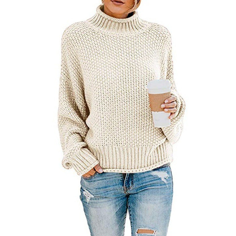 Damen Grobstrickpullover mit hohen Kragen und lockerem Design ModeGeist