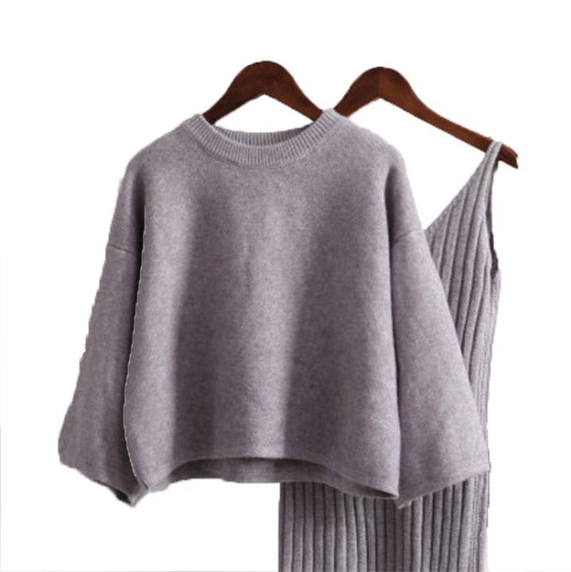 Damen Strick-Set mit lässigem Crop-Pullover und geripptem Maxikleid ModeGeist