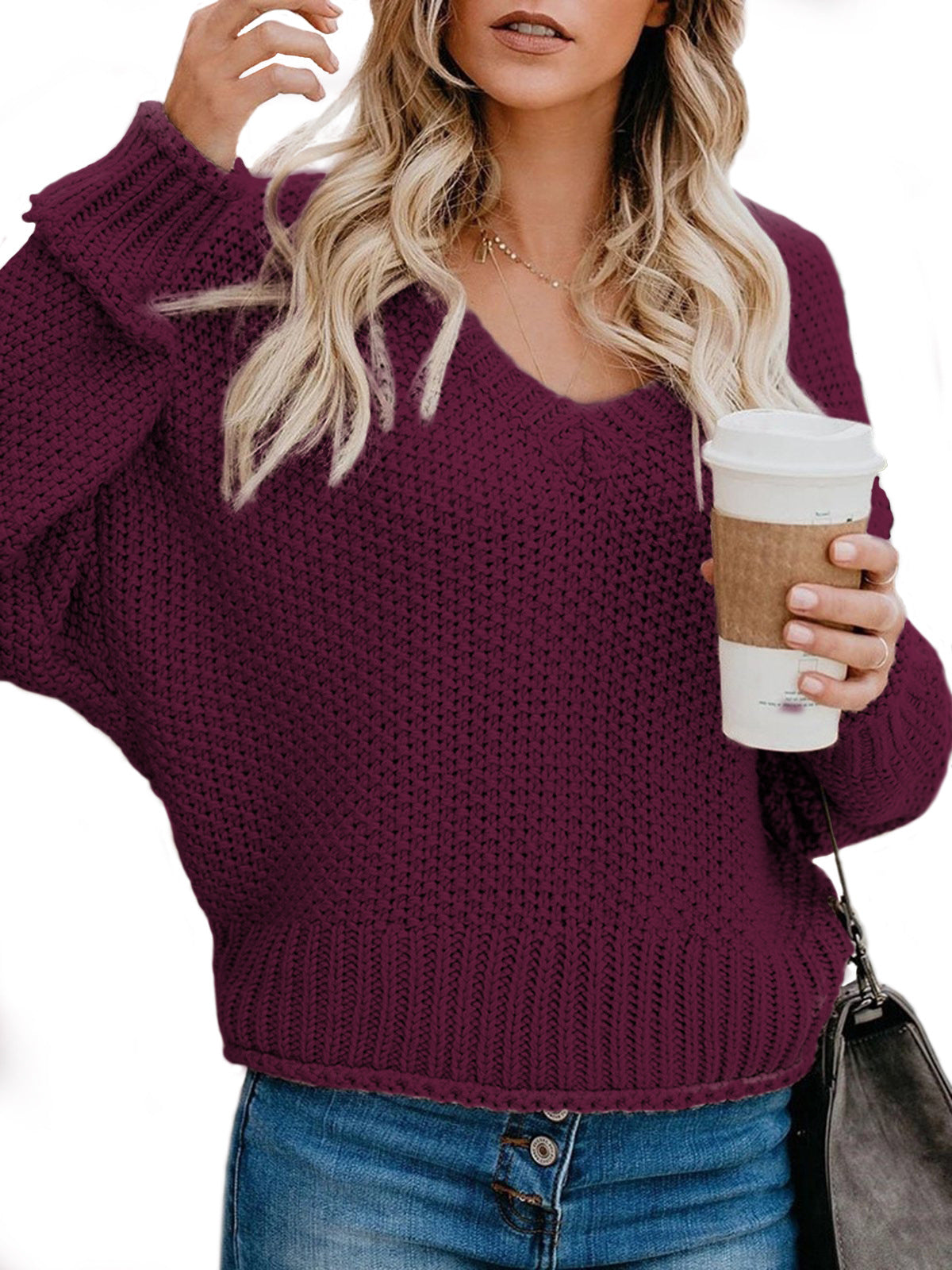 Damen Grobstrickpullover mit V-Ausschnitt und lässiger Passform ModeGeist