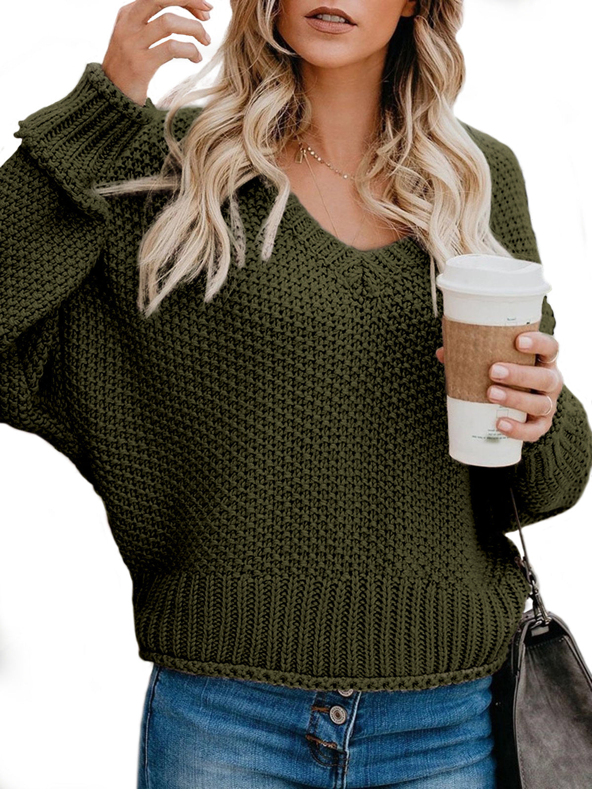 Damen Grobstrickpullover mit V-Ausschnitt und lässiger Passform ModeGeist