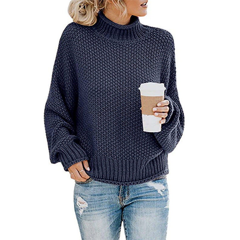 Damen Grobstrickpullover mit hohen Kragen und lockerem Design ModeGeist