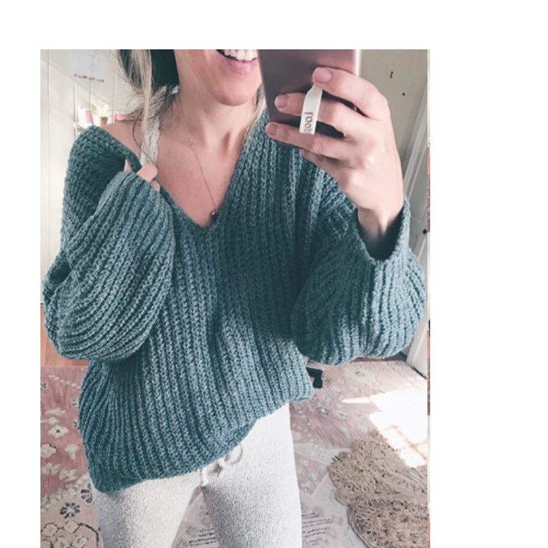 Damen Grobstrickpullover mit lässigem V-Ausschnitt und weiten Ärmeln ModeGeist