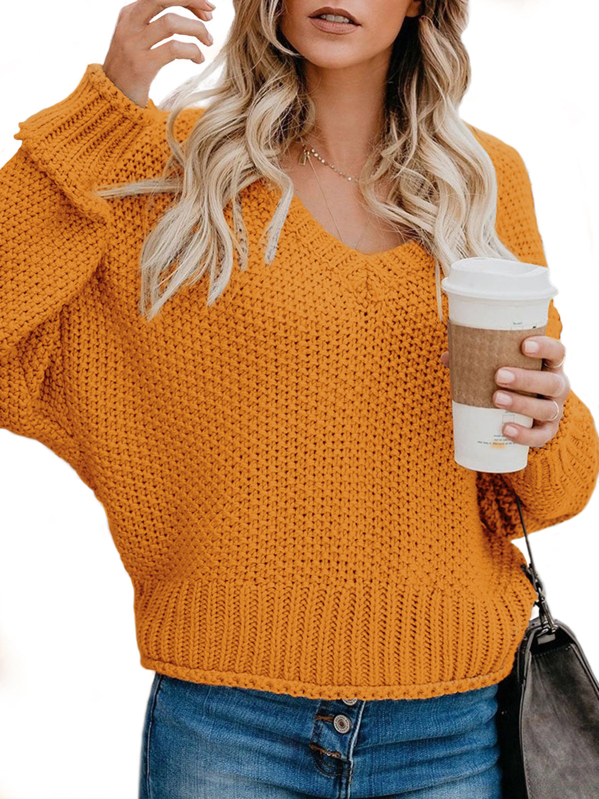 Damen Grobstrickpullover mit V-Ausschnitt und lässiger Passform ModeGeist