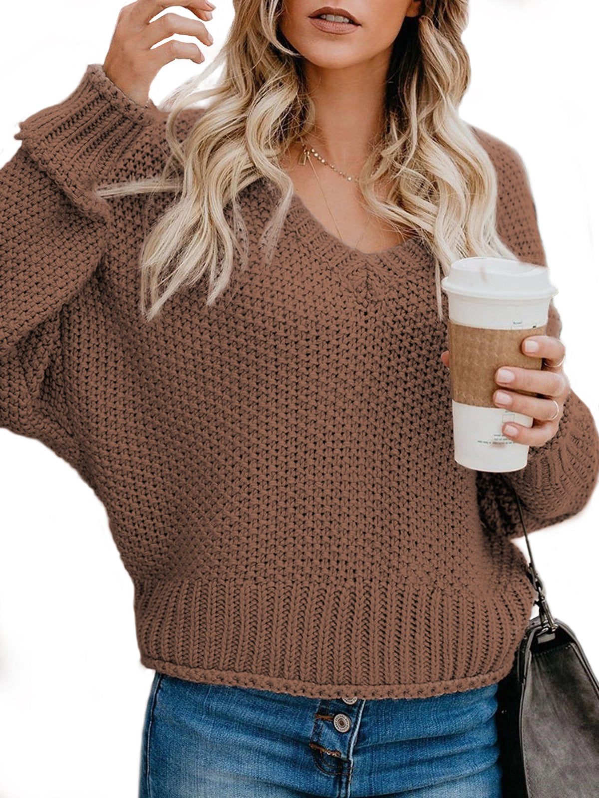 Damen Grobstrickpullover mit V-Ausschnitt und lässiger Passform ModeGeist